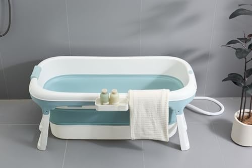 Schwänlein® mobile badewanne Faltbare Badewanne 128cm mit Seifenkorb, Nackkissen, Hocker. Praktisch und Tragbar (Blau)
