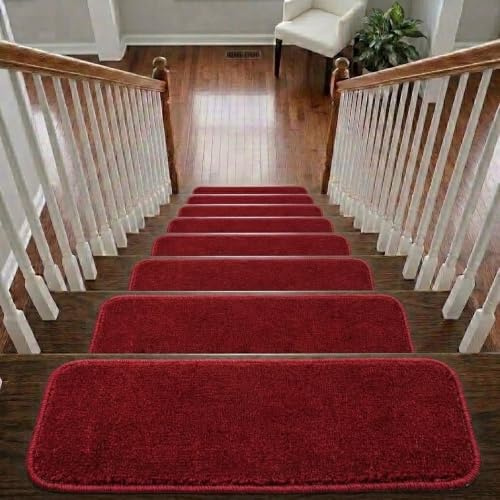 emmahome Weiche Treppenstufen, rutschfest, maschinenwaschbar, 22 x 67 cm, 11 mm dick, Plüsch-Treppenteppiche für Holztreppen, Innenbereich, rutschfest, sicher für Kinder, Haustiere, Rot, 13