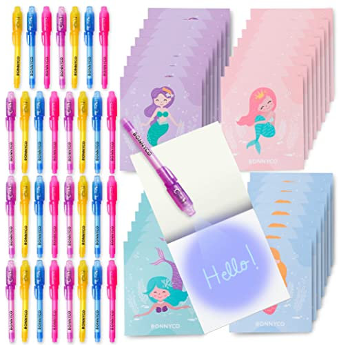 BONNYCO Penna Invisibile e Taccuino, 32 Pezzi Sirena Gadget Compleanno Bambini, Regalini Fine Festa Compleanno Bambina, Regalino Fine Festa Giocattoli Pignatta, Gadget Bambini Sirena Bomboniere