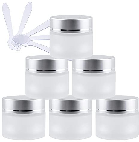ZEOABSY 6 Pack Frosted Transparent Glass Cosmetic Jars, 10ml Empty Face Cream Storage Containers Pots with Frosted Silver Lid for Creams, Lotion, Lotion Ointment + 6X Spatula