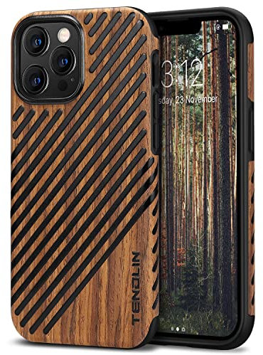 TENDLIN Coque Compatible avec iPhone 13 Pro Max Etui en Bois et TPU Silicone Compatible avec iPhone 13 Pro Max (Bois & Cuir)