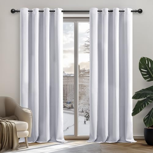 Deconovo Deko Blickdichte Gardinen mit Ösen für Schlafzimmer Thermogardine Kälteschutz Ösenvorhang Blickdicht, 180x140, Silber Grau, 2er Set