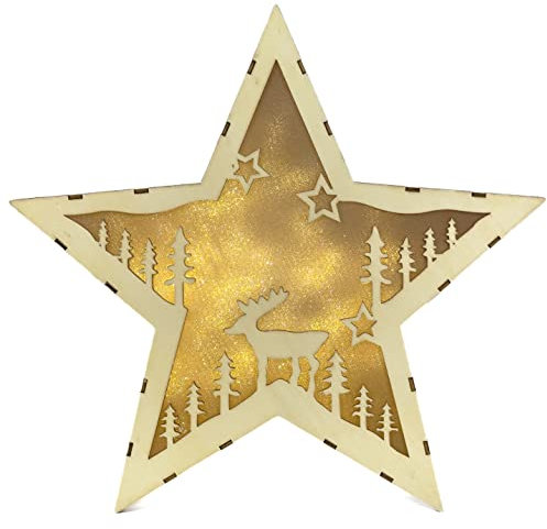 MABAMAHO LED Weihnachtsstern aus Holz mit Winter-Motiv, 30 x 30 cm, 10 LEDs Warmweiß, Batteriebetrieben, IP20