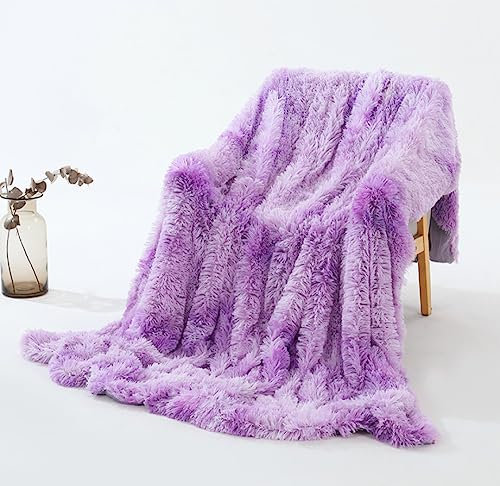 Freyamy Langhaar Kunstpelz Kuscheldecke 220x240cm Tie-dye Lila Microfaser Kunstfell Wende Wurfdecke Flanell Warme Wohndecke Plüsch Felldecke Sofa Decke TV-Decke Klimaanlage Decke Flauschig Tagesdecke