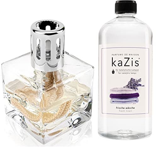 KAZIS® I Starterset katalytische Lampe + 1 Liter Frische Wäsche Duft I transparent Würfel