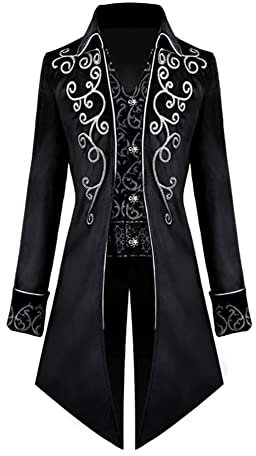 FYMNSI Herren Gothic Steampunk Frack Mantel M?nner Langes Smoking Mittelalter Viktorianischen Retro Jacke mit Waistcoat Uniform Karneval Fasching Halloween Kost?m Party Cosplay 1# Schwarz 2XL