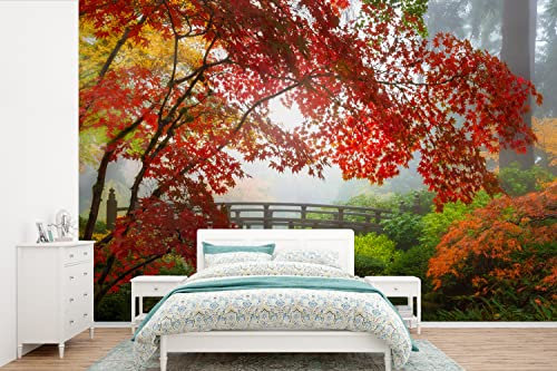 Selbstklebend Tapete Wandpapier Wandaufkleber Fototapete Tapeten Wanddeko 600x400 cm Japanischer Ahorn - Bäume - Brücke - Natur - Japanisch