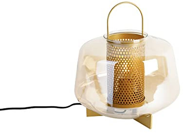 Qazqa - Art Deco Art Deco Tischlampe Gold I Messing mit Bernsteinglas 30 cm - Kevin I Wohnzimmer I Schlafzimmer - Rund - LED geeignet E27