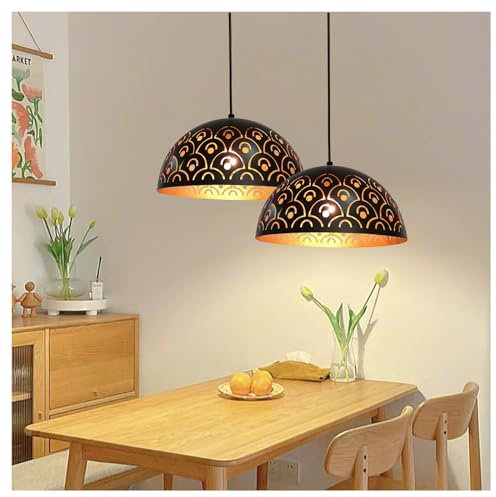 YNDD Suspension Luminaire Vintage E27, Lot de 2 Lampe Suspendue Rétro en Métal Noir Or Hauteur Réglable Creux Industrielle Lustre Suspendu Lumières pour Salon Chambre Salle à Manger Cuisine Ø: 30 cm