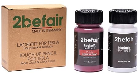 2befair Lackstift Tesla (Red Multi-Coat) Made in Germany, Autolack Set mit Hauptlack & Klarlack (je 60 ml), für kleine Kratzer im Lack, Zubehör fürs Auto, rot