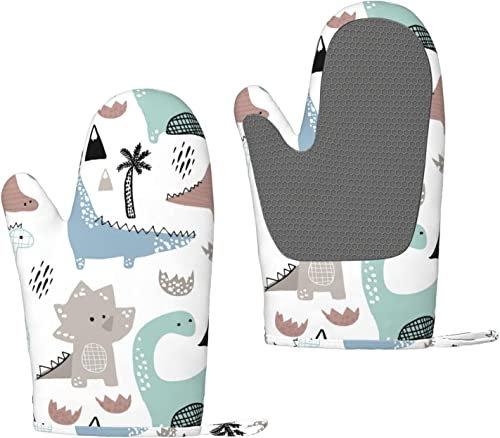 Silikon-Ofenhandschuhe Dino im skandinavischen Stil, hitzebeständig, weiches Baumwollfutter, Küchenhandschuhe, 2er-Set, rutschfeste, Wiederverwendbare Topflappen zum Grillen, Kochen, Backen, Grillen