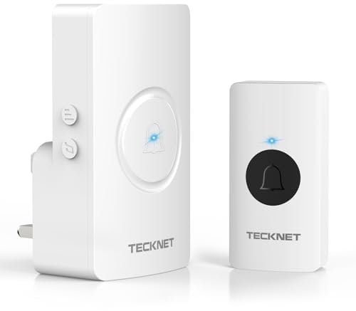 TECKNET Wireless Doorbell, Door Bells Cordless Plug in IP65 Waterproof Doorbell Battery Operated Button with up to 1300ft Range,5-Level Volume, 60 Chimes & LED Light, 4.5 Year Battery Life (White)