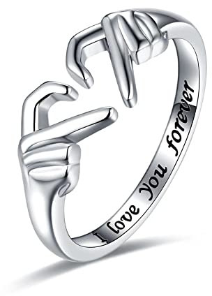 Yifnny Hände Herz Ringe, Silber Umarmungsring für Damen Herz Ring I Love You Forever Verstellbar Hände Ring Gravierte Worte Liebe Umarmung Hände Offener Ring (I love you forever)