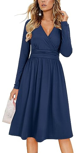 OUGES Kleid Damen Kurzarm/Langarm Sommer Herbstkleid V-Ausschnitt Casual Midi Freizeitkleid mit Taschen