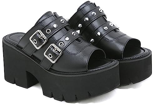 Sandali con Borchie Punk da Donna, décolleté gotici con Plateau Basso, Stivali con Fibbia a Punta Ritagliata, Scarpe con Plateau in Pelle Verniciata a Punta Aperta,Nero,38