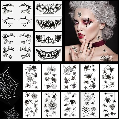 Kiiwah 18 pcs Halloween Tatuaggi Temporanei per Viso Impermeabile, Horror Adesivi Viso Halloween di Occhi e Bocca, Tatuaggi Ragni Halloween per Carnevale, Festa, Cosplay