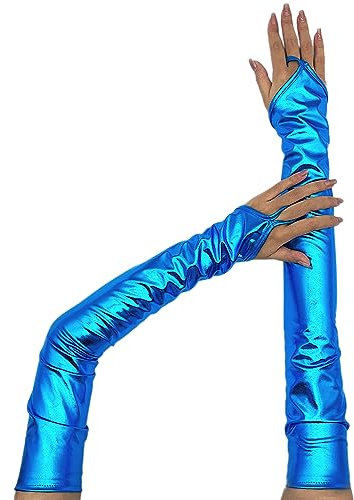 Lackleder Lange 55cm Handschuhe Fingerlose Handschuhe Damen Sexy Beschichtete Handschuhe Hakenfingerhandschuhe Abendhandschuhe für Hochzeit Abschlussball Teeparty Kleidungs Zubehör,Blau