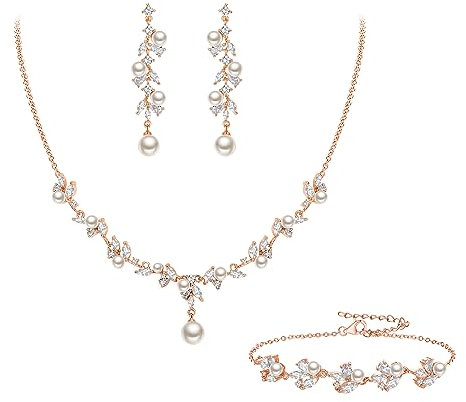 Clearine Rose Gold Bridal Pearl Jewellery Set for Women Ivory Simulated Marquise Cubic Zirconia Cluster Pendant Necklace Dangle Earrings Braclet