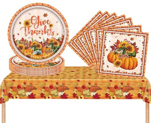 Autumn Thanksgiving Plastic Table Cloth, Paper Plates and Napkins Tableware Set, 37pcs Fall Table Decorations Pumpkin Maple Leaf Dinnerware Sets for Thanksgiving Harvest Festival