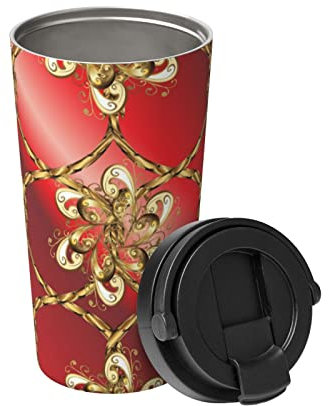 501 Mug Isotherme Avec Poignée Artistique Doré Petal Modèle Rouge Mug Café Isotherme De Voyage Anti-Goutte Tasse Isotherme Avec Couvercle Tasse De Voiture, Pour Thé, Café, 17 Onces