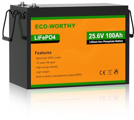 ECO-WORTHY LiFePO4 24V 100Ah Batteria al Litio, Ricaricabile con 3000 – 15000 Cicli Profondi e BMS Incorporati, Sicuro e Durevole, Perfetta per Camper, Marine, Pannello Fotovoltaico, Casa