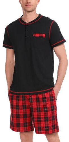 Litherday Pyjama Homme Ete Coton Ensembles de Pyjamas à Manche Court Vêtements de Nuit Courte à Carreaux Respirant Confortable Doux Deux Pièces Noir + Rouge XL