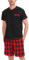 Litherday Pyjama Homme Ete Coton Ensembles de Pyjamas à Manche Court Vêtements de Nuit Courte à Carreaux Respirant Confortable Doux Deux Pièces Noir + Rouge XL