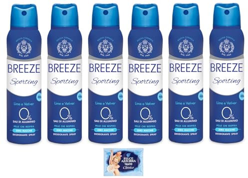 6x BREEZE Deodorante Spray Sporting Lime e Vetiver, Zero Macchie sulla pelle, 0% sali di alluminio 150ml + 1 Busta di Talco Felce Azzurra in omaggio da 100g