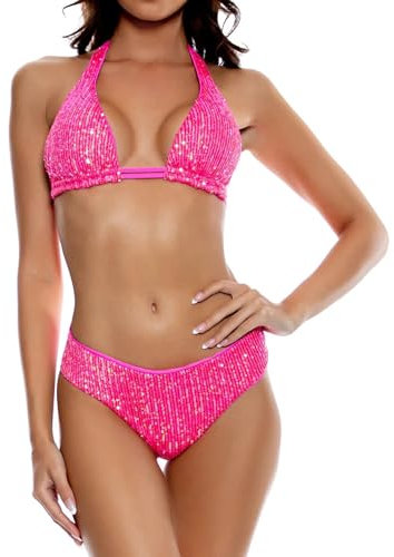LEOMOSTE Bikini sexy da donna, con paillettes, con glitter, costume da bagno sexy push-up, Rosa, M