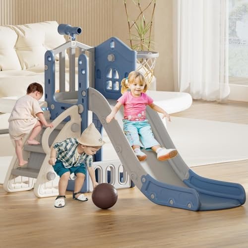 FAYDUDU 5 en 1 Toboggan Bebe 1-3 Ans, Toboggan Grand pour Enfant avec Panier de Basketball, Télescope, Espace de Rangement, Escaliers, pour Exterieur & Interieur (Gris Bleu)
