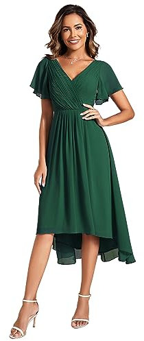 Ever-Pretty Robes d’Invités de Mariée Femme High Low Col V Manches Courtes Plis Midi Vert Foncé 42