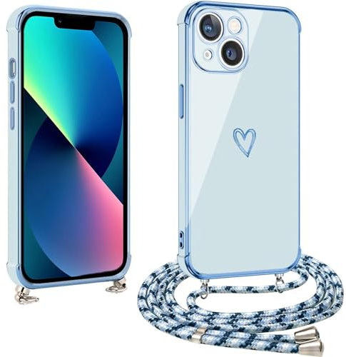 vumebao Funda para iPhone 13 con Cuerda, Anti-Choque Anti-Arañazos Carcasa Silicona Case con Ajustable Correa Colgante Suave TPU Silicona Compatible con iPhone 13 Funda-Azul