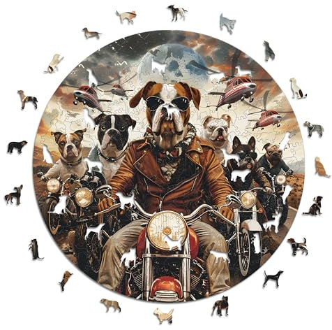 Iconic Puzzles - Motorcyclist Dogs, Fantasy Animals, 100% nachhaltiges Holzpuzzle, Geschenke für Kinder und Erwachsene, Größe L, 600 Teile