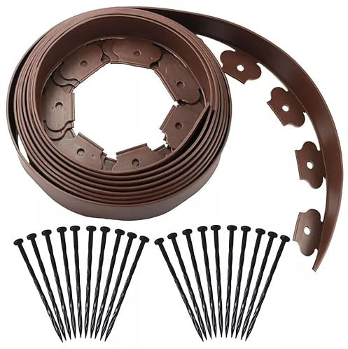 Lawn Garden Edging Border with Heavy-Duty Ground Stakes 10m Long and 5CM High Flexible Flower Bed Edge and Reinforced Plastic Pegs, Professional Landscape Dividers, All Weather Resistant (1, Brown)