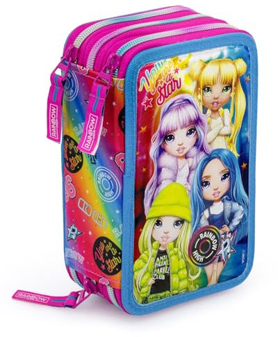 L'ERBAVOGLIO Original Schulmäppchen mit 3 Reißverschlüssen, komplett mit 44 Teilen, Rainbow High (Fuchsia/Regenbogen), Stiftehalter für Kinder