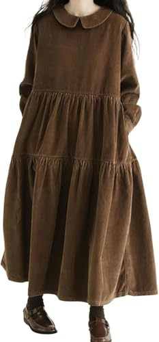 Goolecrimp Abito Autunnale da Donna a Maniche Lunghe Abito da Bambola in Velluto a Coste Vintage Abito Ampio a Strati con Maniche a Palloncino e Volant Abito Lungo a Strati con Tasche
