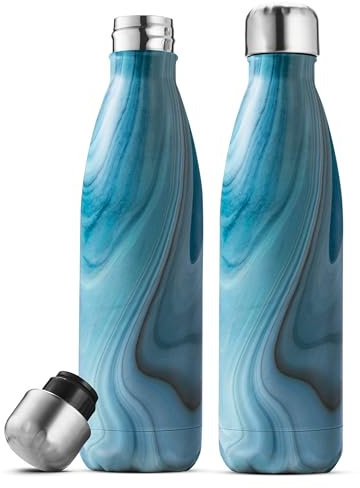 2 Pack 500ml Insulated Stainless Steel Water Bottle, Sleek Bottles, Keeps Hot & Cold, 100% Leakproof, Sweat Proof Bottles, Great for Travel, Picnic & Camping (Exquisite Blue Marble)