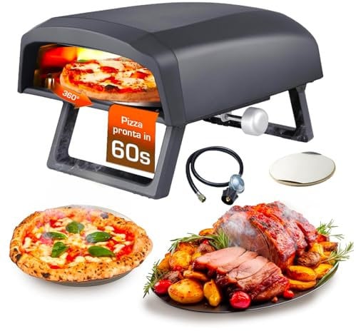 Avilia Forno Pizza a Gas con Piatto Rotante 360 Gradi 64x44x31,5cm - in Acciaio Inox Resistente con Doppio Bruciatore 4000W con Gambe richiudibili e Regolatore a gas di 1 metro