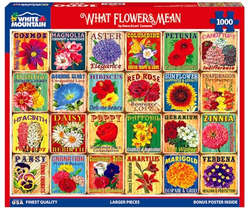 White Mountain What Flowers Mean 1000 Piece Puzzle Unique Art Collage Jigsaw Puzzles for Seniors and Adults