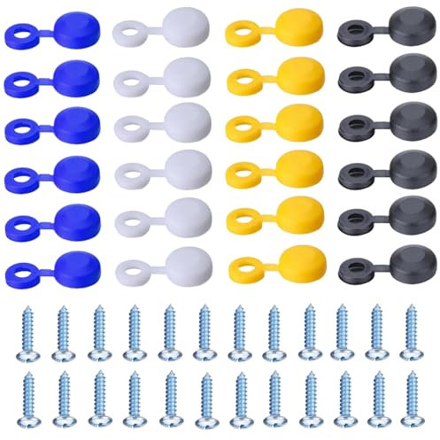 48PCS Car Number Plate Screws and Caps - Number Plate Fixing Kit, 𝙉𝙪𝙢𝙗𝙚𝙧 𝙋𝙡𝙖𝙩𝙚 Fixings, Black, White, Yellow and Blue (6 Each Color)