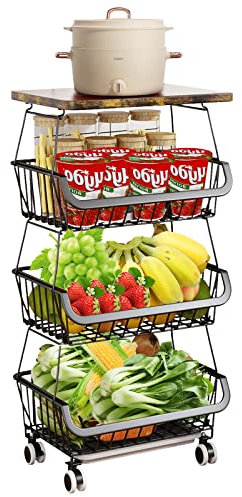 OHMG Paniers de Rangement empilables en Fil de métal avec roulettes, étagère de Rangement à 4 Niveaux, Chariot à Fruits et légumes, étagère à Vaisselle pour Salle de Bain, Garage et Garde-Manger