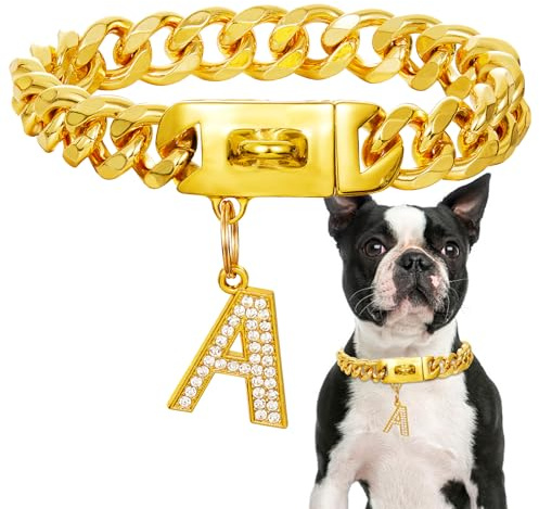 Goldenes Hundehalsband mit Anhänger,Edelstahl-Walking-Metallhalsband,19mm breit, schweres kubanisches Glied,Starke,kausichere Halsbänder für mittelgroße und große Hunde(40cm)