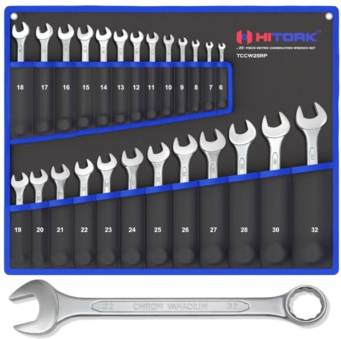 HITORK 25-teiliges metrisches Ringmaulschlüssel-Set mit Rolltasche, 12-Punkt-Boxende, 15° gekröpft, Chrom-Vanadium-Stahl, mattes Finish mit poliertem Kopf