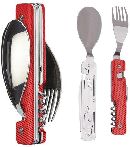 Akinod 6-in-1 Camping Cutlery Set – Multifunctional Stainless Steel Knife, Fork, Spoon with Corkscrew, Can & Bottle Opener, Compact Gadget for Camping Essentials