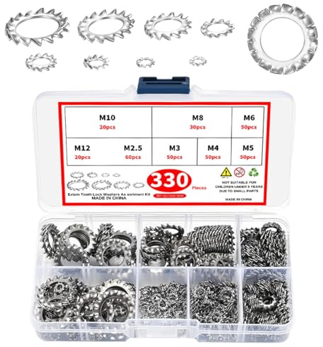 330 Pcs Stainless Steel Washers Assorted Set – Internal Tooth Lock, Flat, Spring, and Starlock Washers, Metric Sizes M2-M12, Anti-Corrosion Hardware Kit for Home, Automotive, and Industrial Use