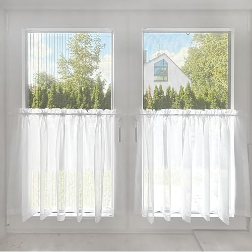 BN Scheibengardine Voile in Weiß – Uni Voile French - halbtransparente Küchengardine, einfarbig mit Köpfchen für Stangendurchzug – Oeko-TEX 100 (H/B: 60/90 cm)