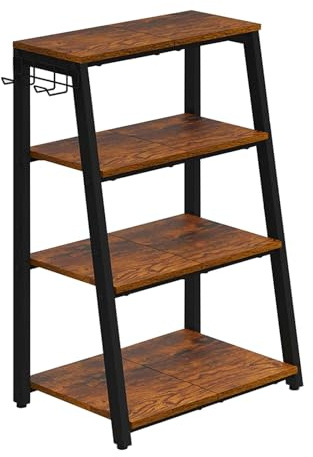 URCheers 4-Stufiger HiFi Rack aus Holz und Stahl für Zuhause mit Haken, Leiterförmiges HiFi Regal mit Ablagen für Plattenspieler & Stereoanlagen & Kompaktanlage & Spielekonsolen