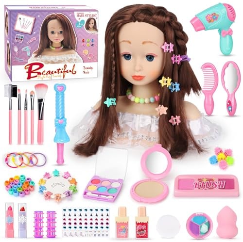 LumenVela Cabeza Muñeca para Peinar y Maquillar, 66 Piezas Busto Muñeca Peinar y Maquillar, Cabeza de Peluquería para Niños a Partir de 3 Años con Herramientas de Maquillaje Peluquería (Blanco)