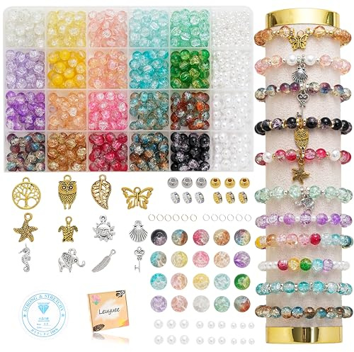 Leuyuee Glasperlen zum für armbänder 20 Farben Edelstein Perlen Perlen Set Zum Auffädeln Kit Perlenset Beads für DIY armbänder selber machen Schmuck Halskette Ohrringe Kette für Erwachsene