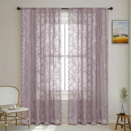 YKAFADE 2er Set Spitze Vorhang Blumen Stickerei Gardinenschal Gardinen Transluzente Vintage Dekoschal Ösenvorhänge Tüllvorhänge Fensterschal für Wohnzimmer Schlafzimmer -150x250cm(BxL),Rosa